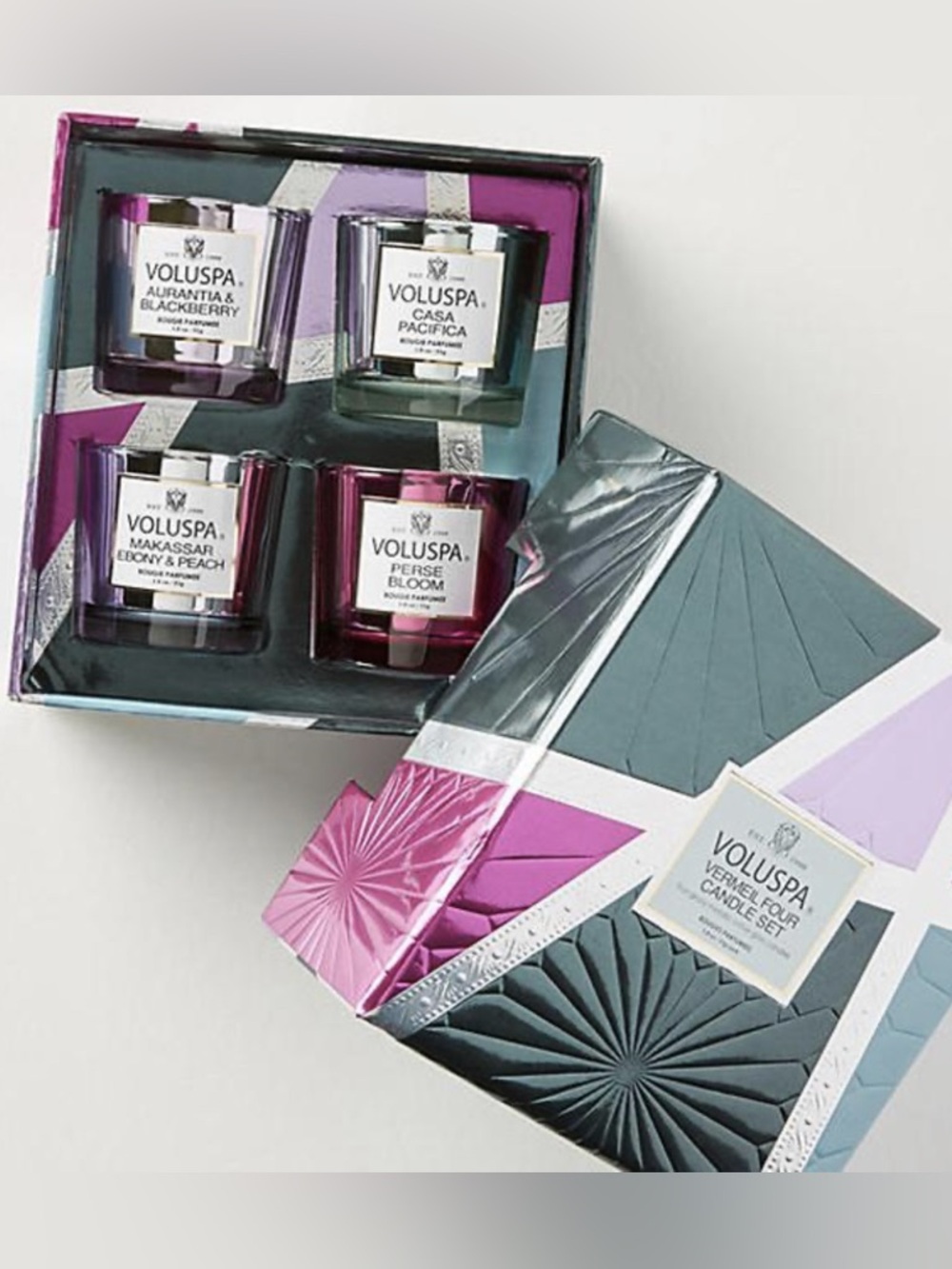 Voluspa Vermeil Four Candle Set - Black, Pink, Blue, Silver